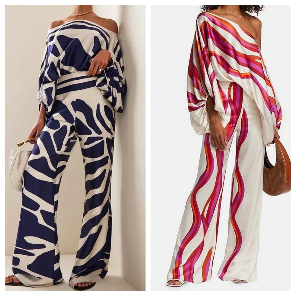 Women's Printed Satin Two-Piece Set With Off-Shoulder Lantern-Sleeve Top And Wide-Leg Pants For Office