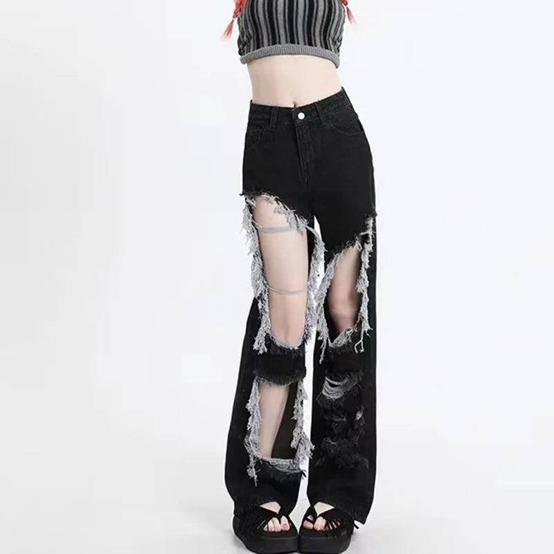 Y2K Wide Leg Jeans Gothic Black Hole Denim Pants High Waist