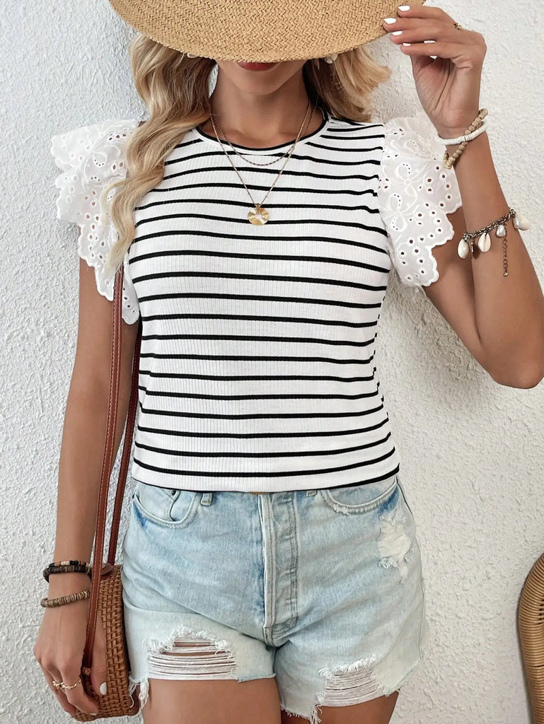 Elegant Women's Casual T-Shirt with Round Neck and Flying Sleeves in Hollow Stripe Design