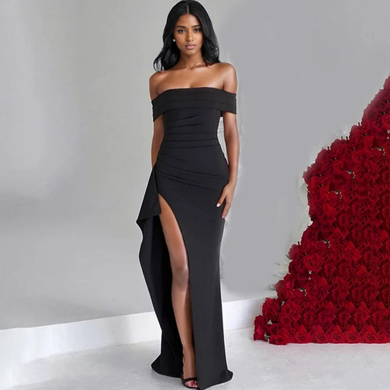Elegant Black Backless Slash Neck Party Dress For Women
