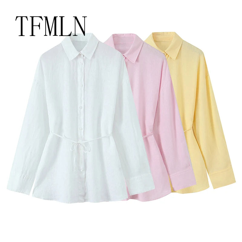 Stylish TFMLN Oversized Women Blouse Summer Casual Long Sleeve Single Breasted Shirt Fashion Loose Fit Top in pastel colors.