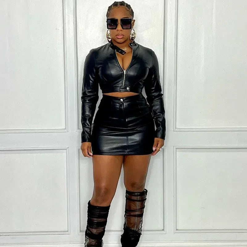 PU Leather Moto 2 Piece Dress Set For Women Autumn Outfit