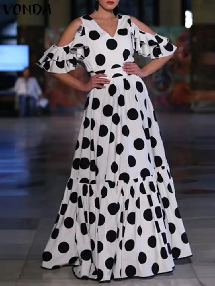 Polka Dot Maxi Sundress Ruffled V Neck Party Dress