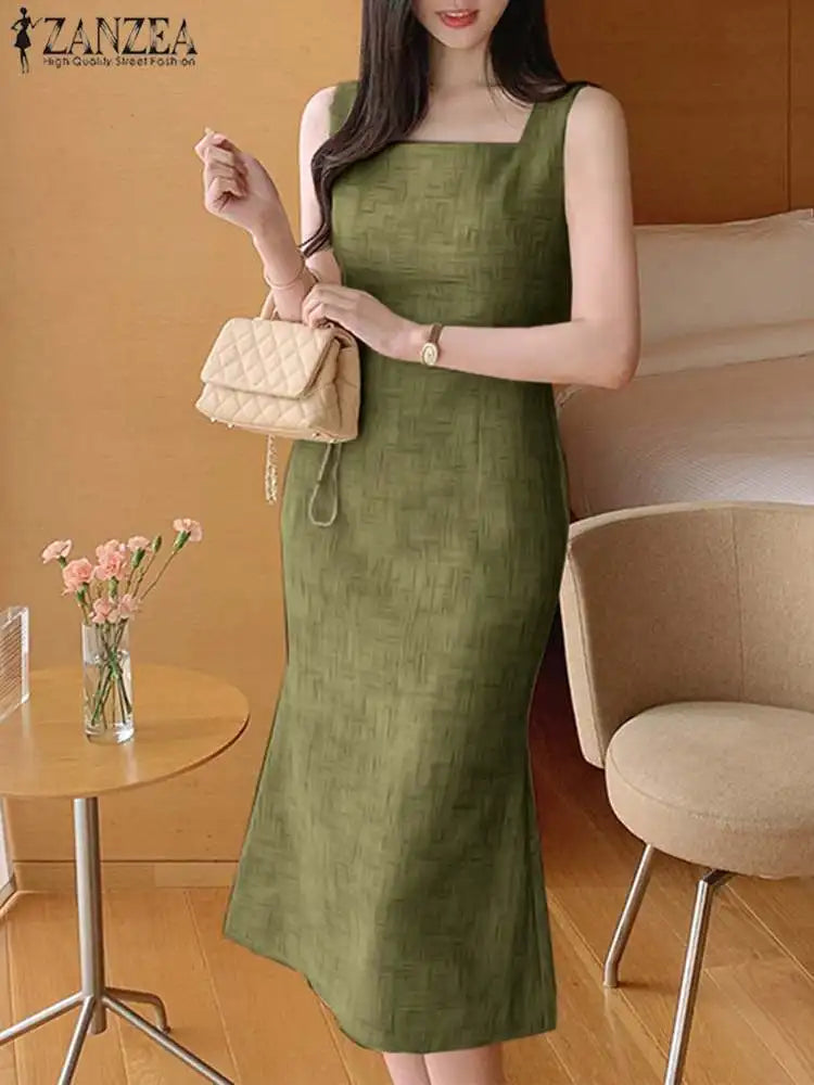 Elegant Sleeveless Square Neck Mermaid Midi Dress for Women