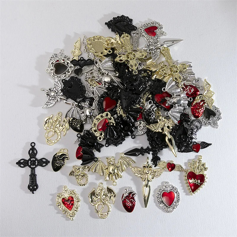 Explore the 10 Piece Gothic Charms Set with Cross, Heart, and Skull Pendants for DIY Handmade Earrings and Jewelry Accessories.