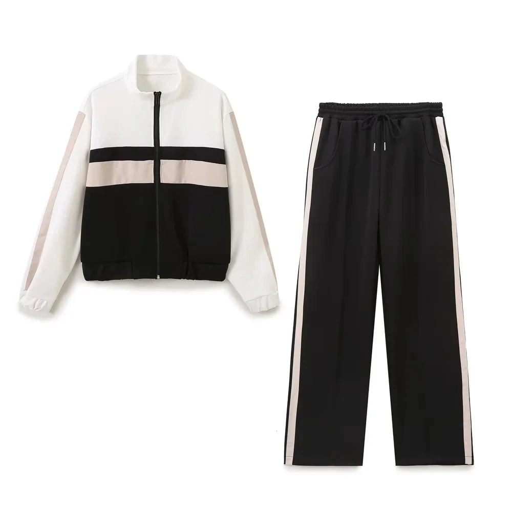 Stylish Side Striped Zipper Pilot Jacket and High Waist Elastic Casual Pants Set for Women, perfect for everyday wear.