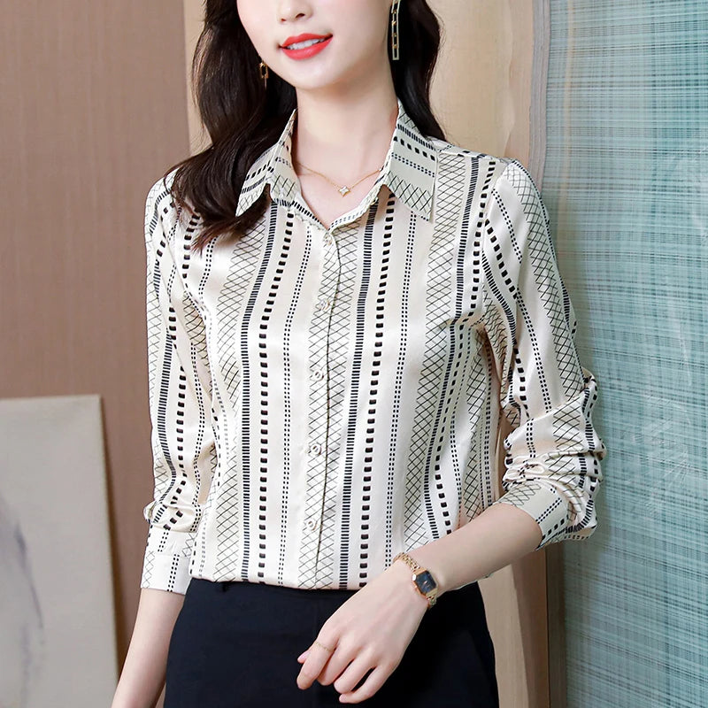 Elegant Satin Women Blouse Long Sleeve Button Up Shirt Vintage Office Lady Print Top perfect for stylish autumn outfits.
