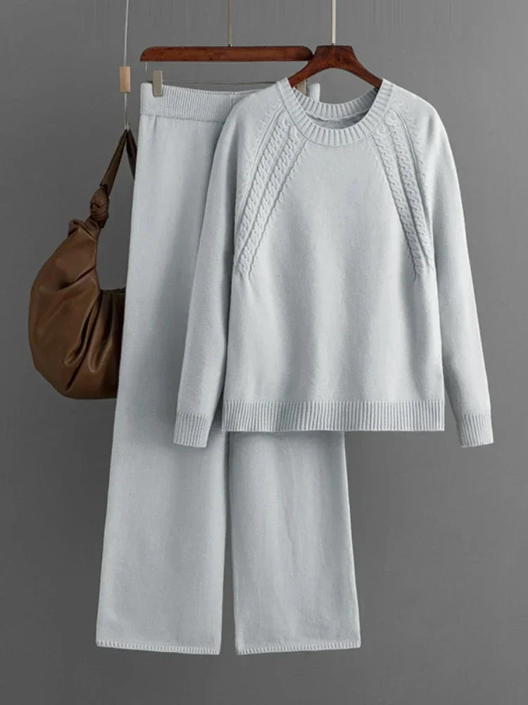 Casual Knitted Two Piece Set for Women Featuring Loose Sweater and Wide Leg Pants, perfect for effortless autumn style.