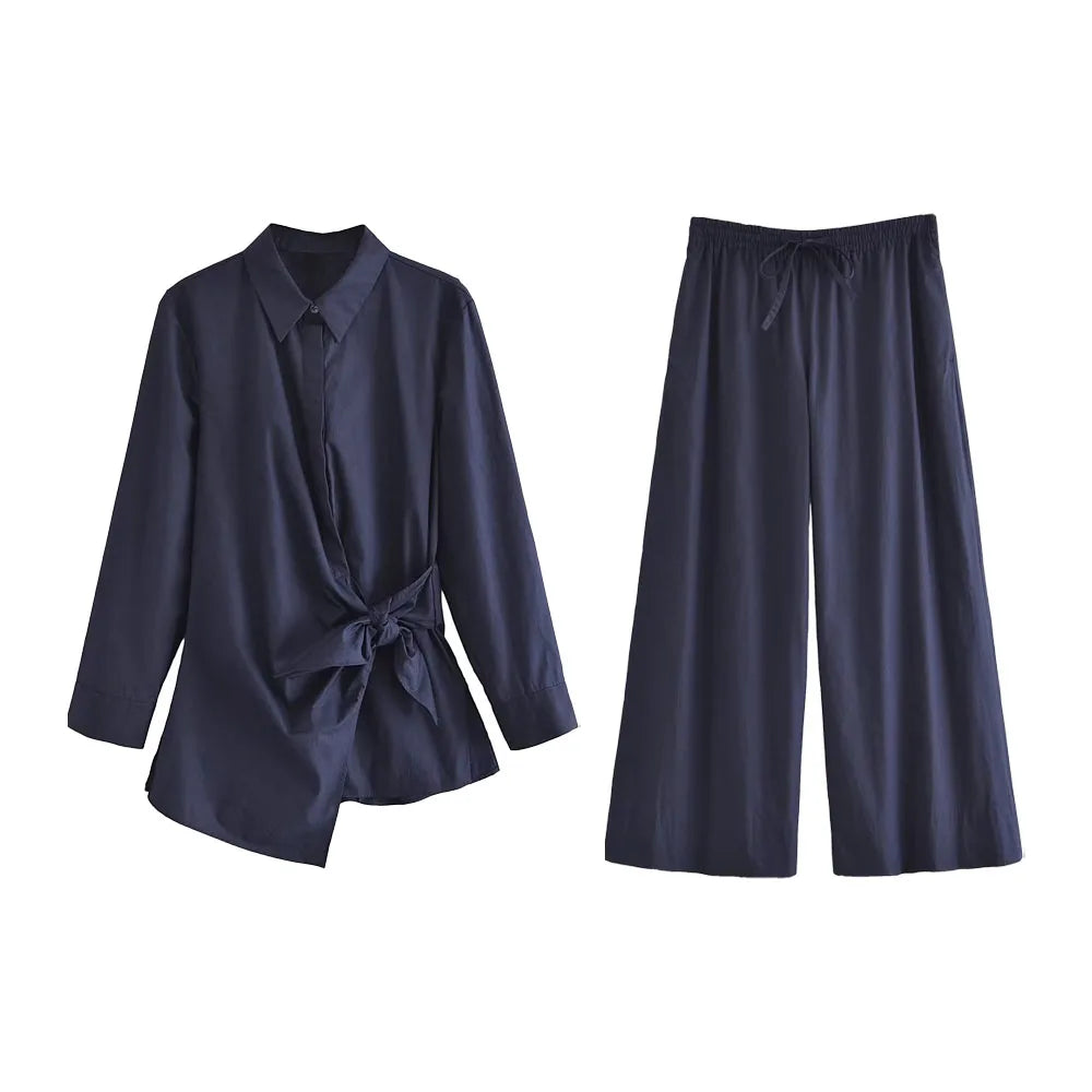 Chic Women's Fashion Casual Long Sleeve Tie Shirt and Wide Leg Pants Set for stylish everyday comfort. Perfect for outings!