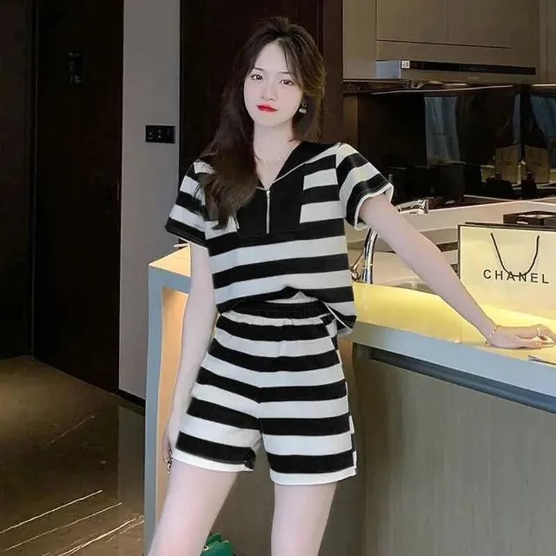 Stylish Women's Casual Two Piece Tracksuit Set Striped Shirt Top and Slim Fit Shorts for Running and Leisure.