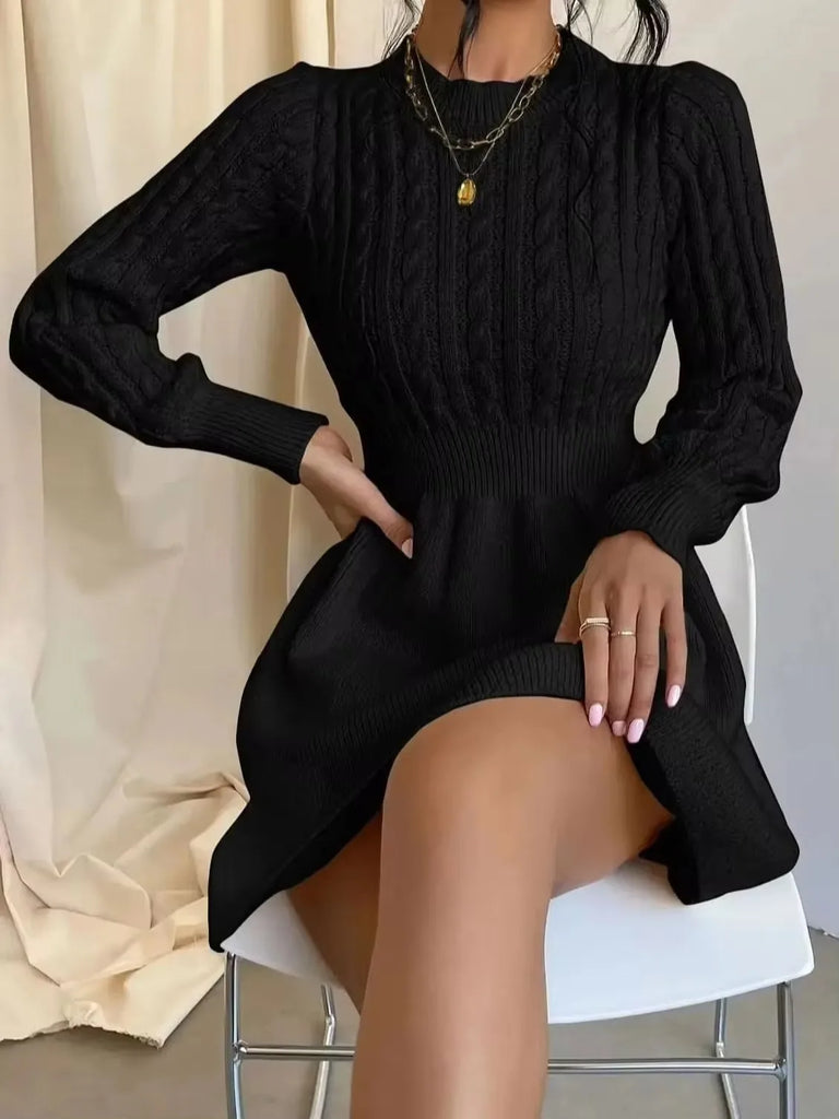 Cable Knit Sweater Dress Solid Knit Long Sleeve For Women