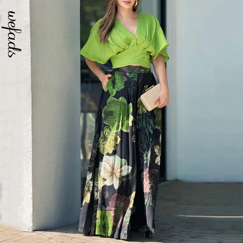 Stylish Casual Solid V Neck Short Sleeve Pullover Top and Wide Leg Pant Set for Women, perfect for a trendy wardrobe.