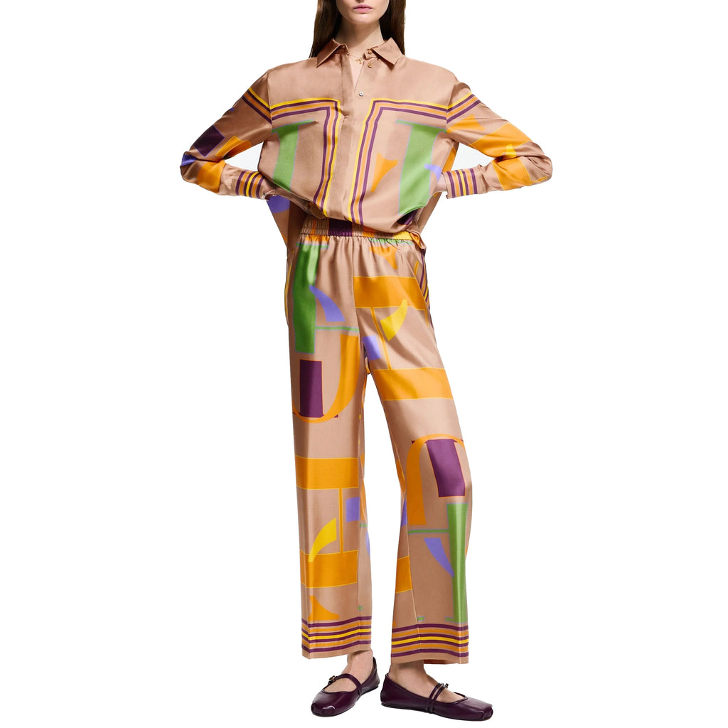 Women's Satin Two Piece Set with Loose Geometry Shirt and Wide Leg Trousers Printed Casual Outfit