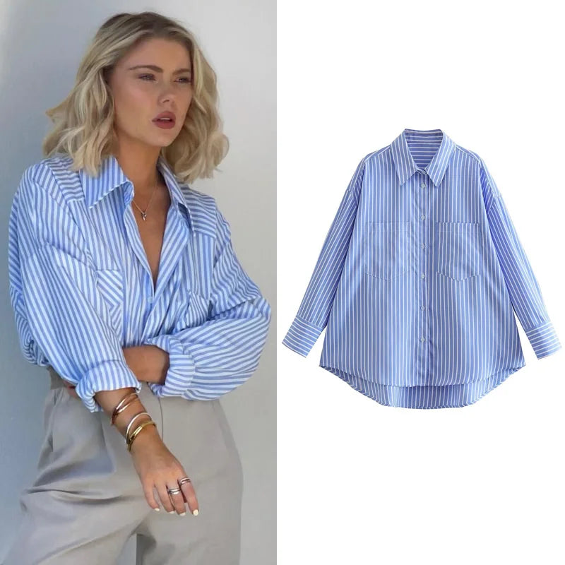 Stylish HXAO Women’s Striped Loose Fit Long Sleeve Shirt Soft Blue Autumn Blouse, perfect for office wear and comfort.