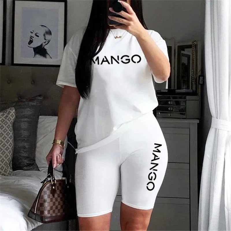 Stylish Fashion Womens Summer 2-Piece Short Suit Set Casual City Print Jogging Sports T-Shirt and Shorts Outfit.