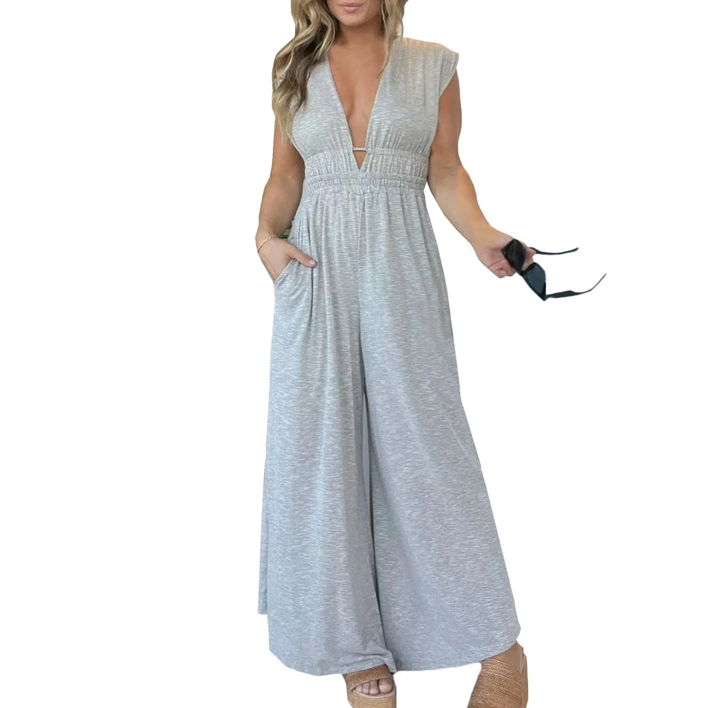 Elevate your summer style with this Elegant Summer Women’s Slim Fit Sleeveless Romper V Neck Casual Loose Jumpsuit with Pockets.