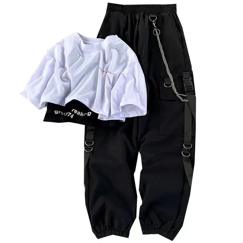 Trendy Women Streetwear Harajuku Cargo Pants and Cropped T-Shirt Set with Ribbon Chain Detail in stylish black and white.