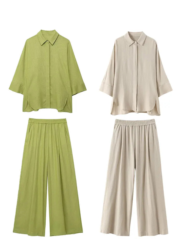 Stylish Casual Women's Solid Pant Set with Long Sleeve Blouse and Elastic Waist Trousers for trendy streetwear.