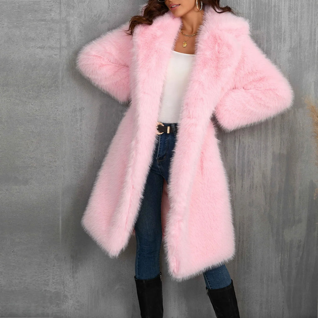 Pink Long Faux Fur Coat For Women Warm Winter Overcoat