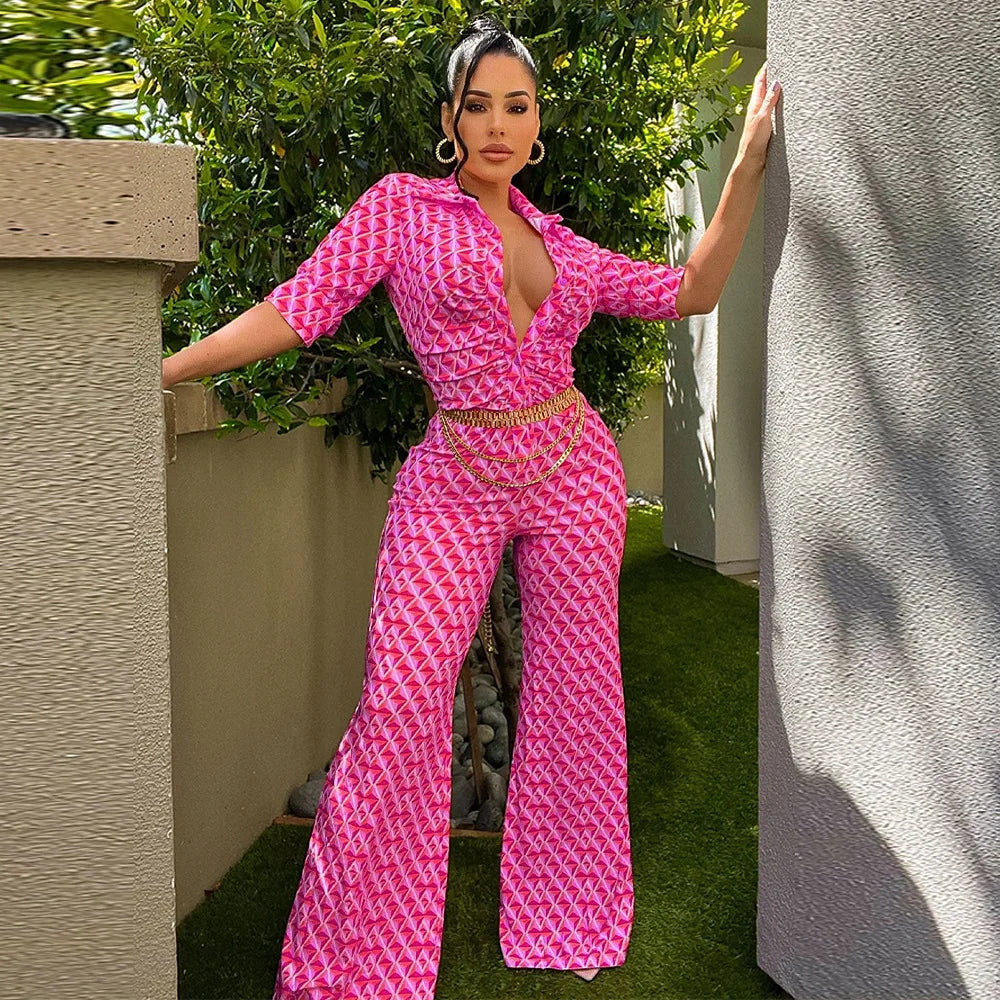 Stylish model showcasing the Elegant Chic Printed Women One Piece Slim Fit V Neck Long Sleeve Wrap Waist Jumpsuit Office Fashion Outfit.