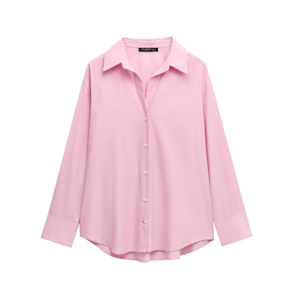 TRAFSHE Women’s Button Up Long Sleeve Shirt Blouse Casual Streetwear Top for Spring and Summer in soft pink. Perfect fit!