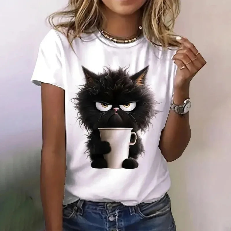 Cute Cat Printed Women's T-Shirt Comfortable Casual Short Sleeve Top for Daily Wear