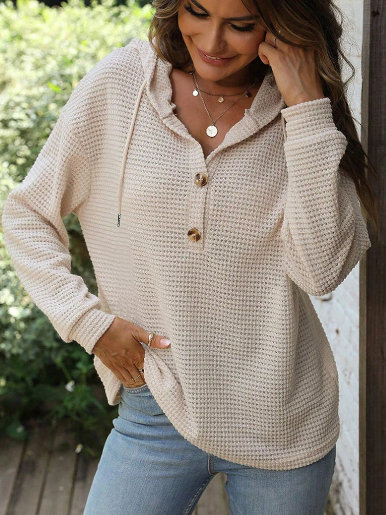 Women Hooded Button Loose Fit Solid Color Hoodie Casual