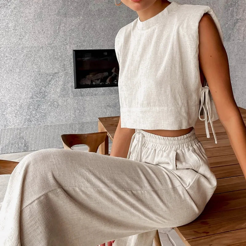 Cotton Linen Two Piece Women's Set Khaki Lace Up Crop Top And Loose Wide Leg Pants For Summer Vacation