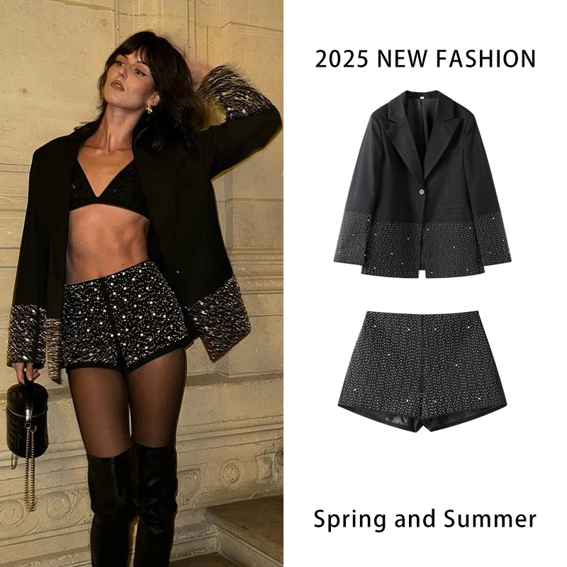 Chic Women's Rhinestone Embellished Blazer and High Waist Shorts Set Loose Lapel Coat for elegant, stylish looks.