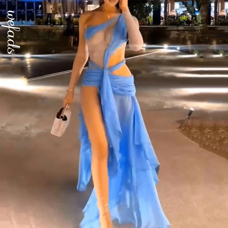 One Shoulder Backless Evening Dresses With Multilayer Slit