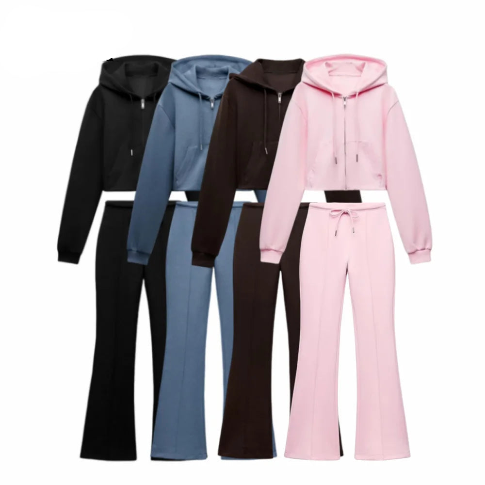 Women's Hooded Zip Up Cropped Jacket And Drawstring Flared Pants Set For Cozy Daily And Sporty Looks
