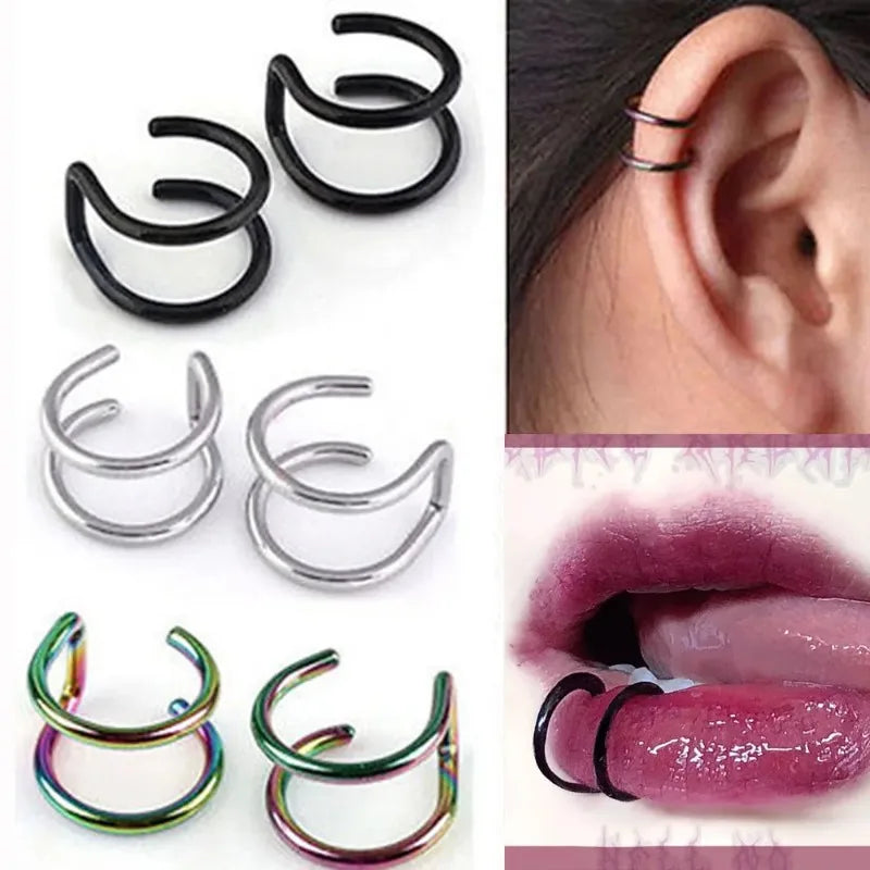 Stylish 2Pcs Stainless Steel Clip On Ear Cuffs Fake Lip Ring Non Piercing Labret Rings for Men and Women showcased.
