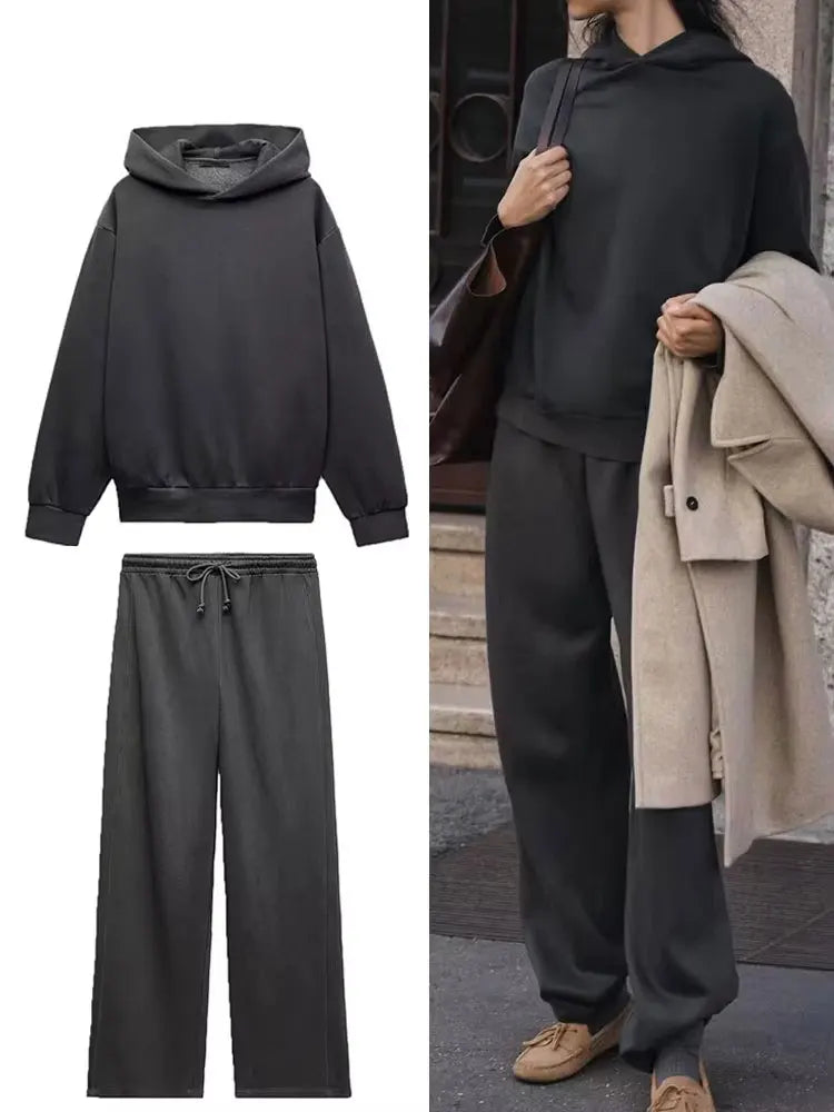 Autumn Women's Fleece Coat And Pants Set With Hooded Sweatshirt And Straight Leg Trousers