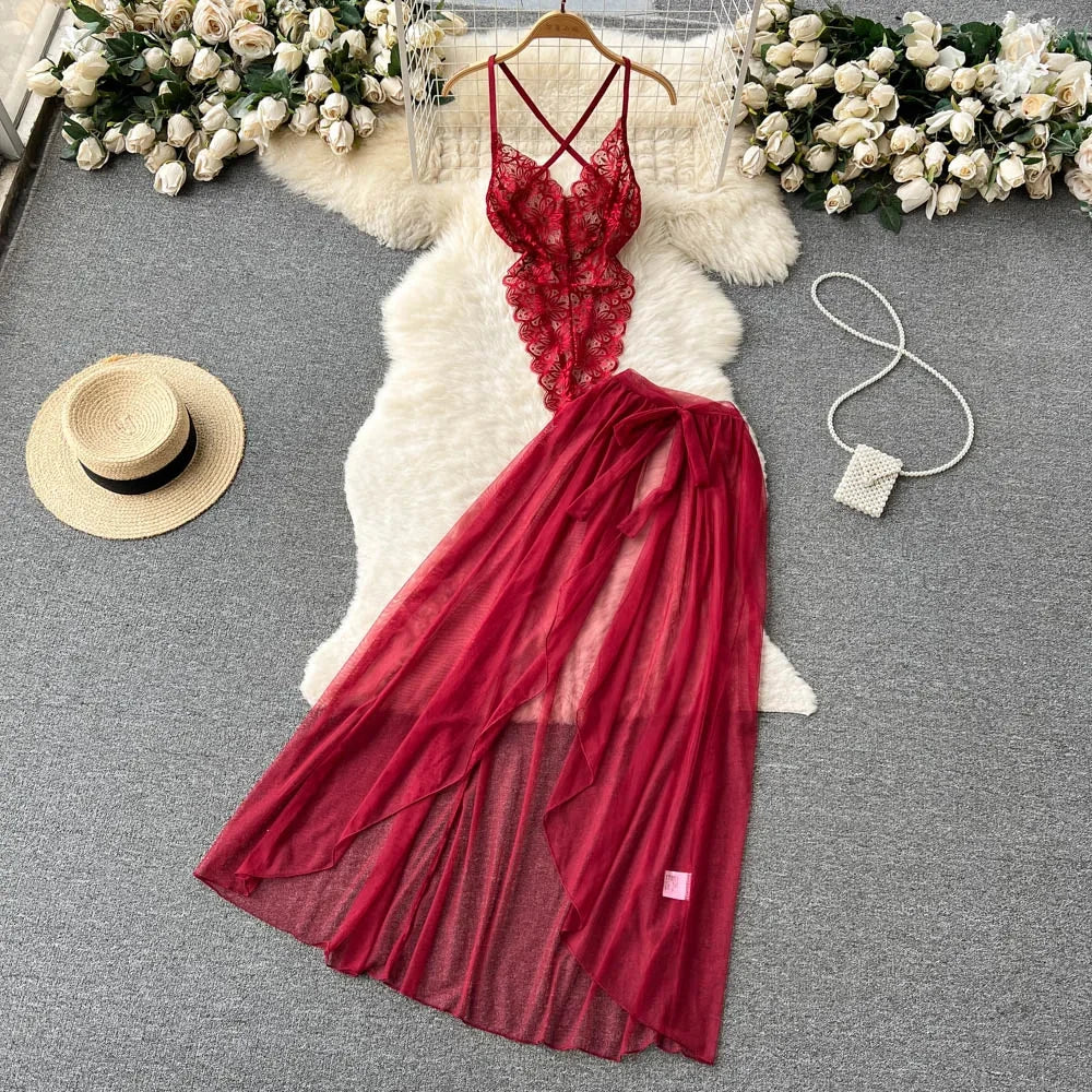Women's Mesh Two Piece Lace Top And Flowing Long Skirt Set