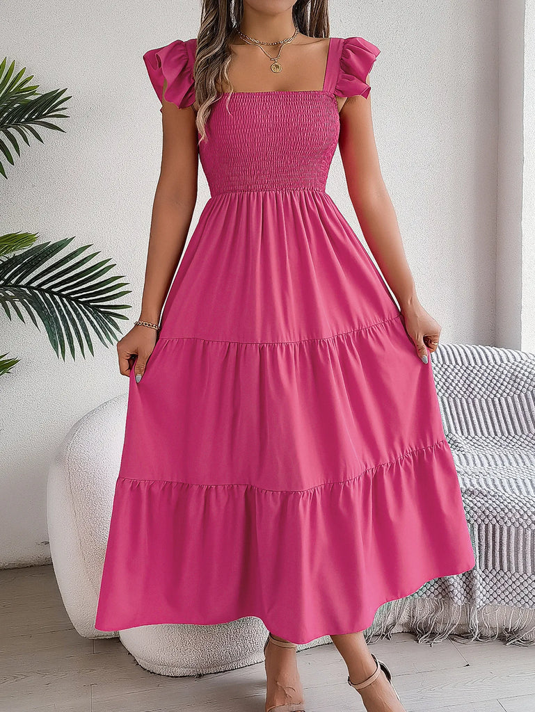Square Neck Maxi Dress for Women Solid Summer Color