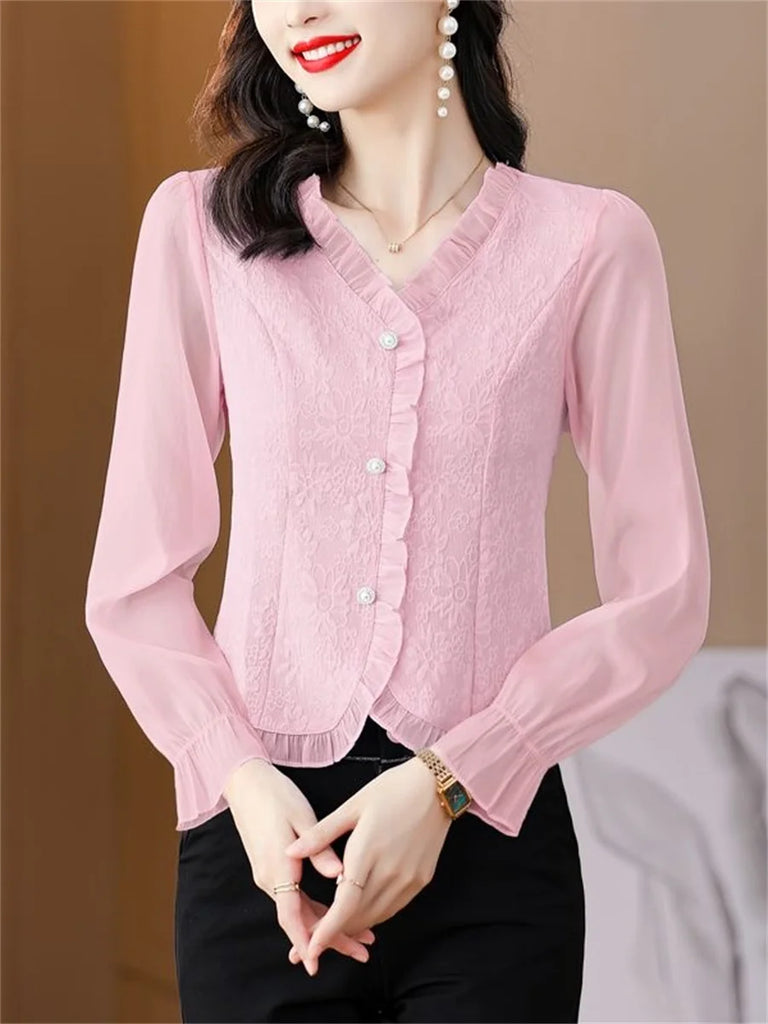 Stylish Women Casual Long Sleeve V-Neck Blouse Solid Color Lightweight Shirt for Spring and Autumn, perfect for any occasion.
