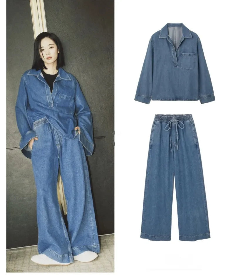 Stylish Casual Open Collar Denim Top with Pocket and Loose Wide Leg Drawstring Waist Denim Pants Two Piece Set for Women.