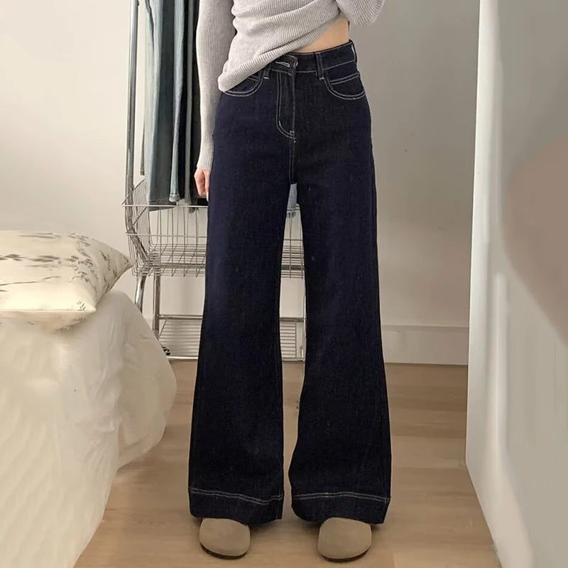 Ladies High Waist Wide Leg Jeans Dark Blue Denim Trousers