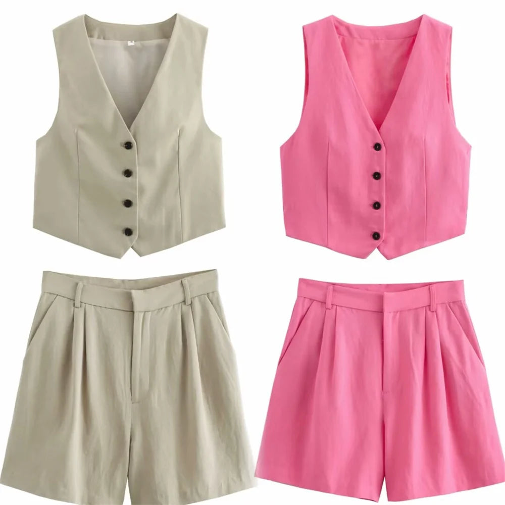 Stylish Women’s Sweet and Cool Split-Breasted Vest and Shorts Set Summer Fashion Casual Chic Slimming Two-Piece Outfit.