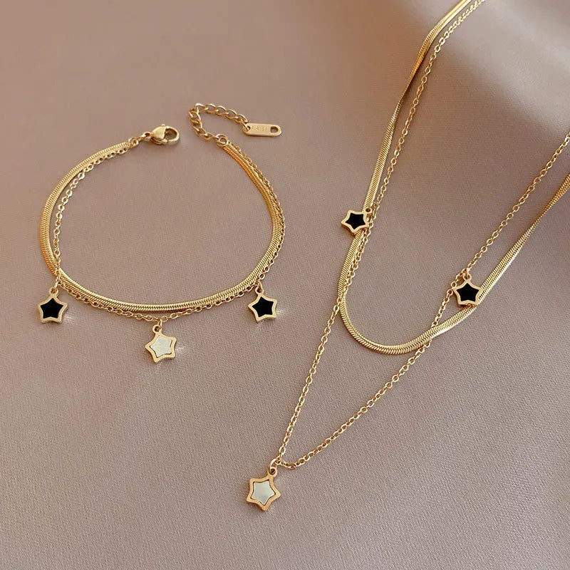 Elegant 316L Stainless Steel Multilayer Chain Star Charm Necklace Bracelet Jewelry Set for Women, perfect for any occasion.