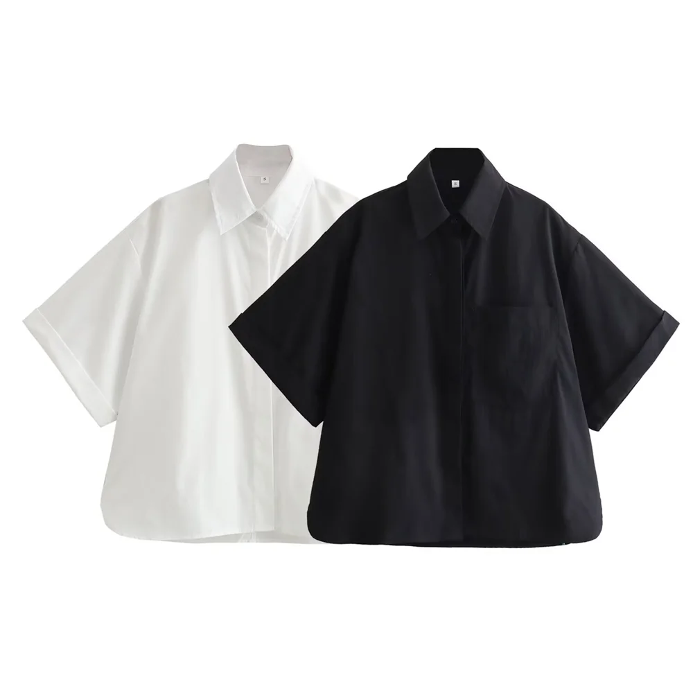 Stylish Women's Casual Short Poplin Shirt with Versatile Pocket Decoration for effortless spring fashion by PB&ZA.