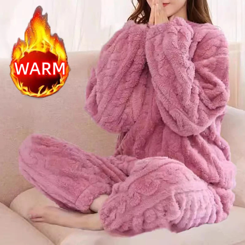 Cozy Chic Autumn Winter Pajama Set for Women Thick Fleece Long Sleeve Top and Elastic Waist Lounge Pants in soft pink.