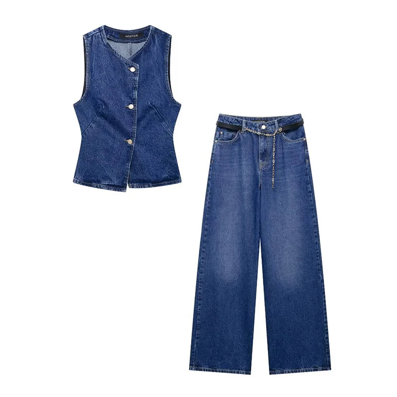 Stylish Women’s Fashion Denim Blue V-Neck Tank Top and Vintage Straight Leg Pants Two Piece Set, perfect for casual chic looks.
