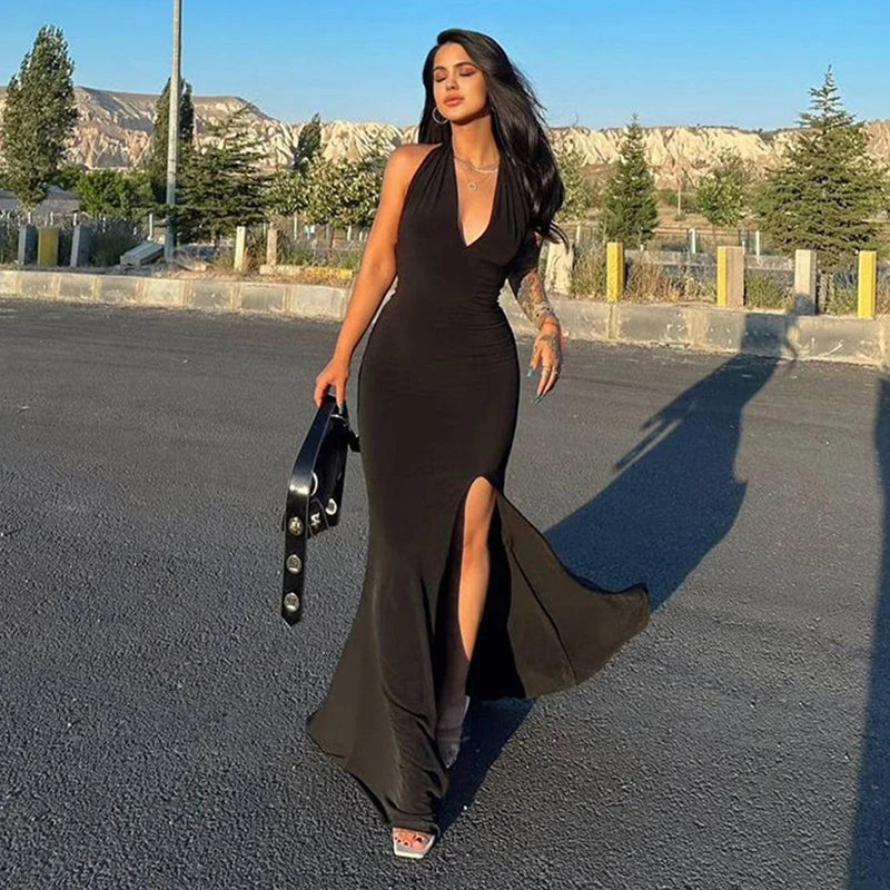 Black Maxi Dress Backless Halter Sleeveless Party A Line