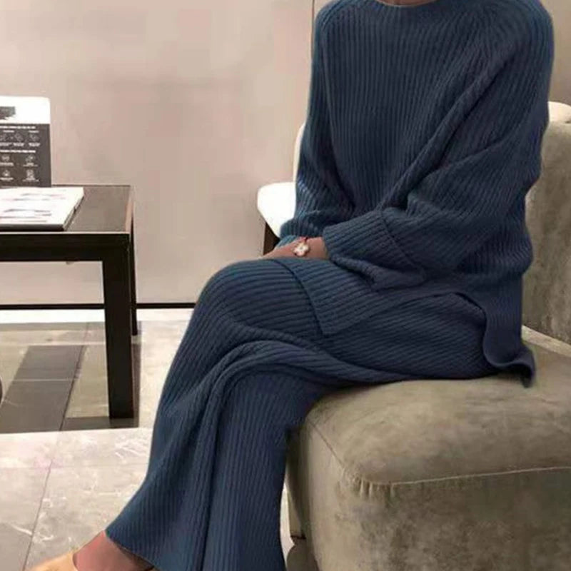 Cozy up in the Jocoo Jolee Women’s Loose Knit Sweater and Wide Leg Pants Set for stylish autumn winter lounging.