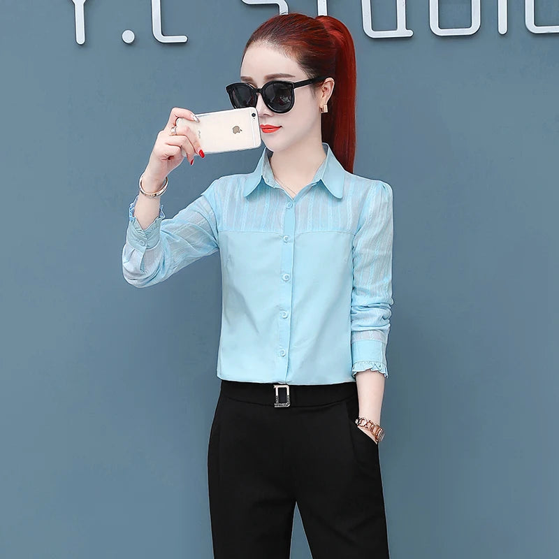 Stylish women’s pure cotton long sleeve shirt professional decoration body contour spring autumn fashion top in light blue.