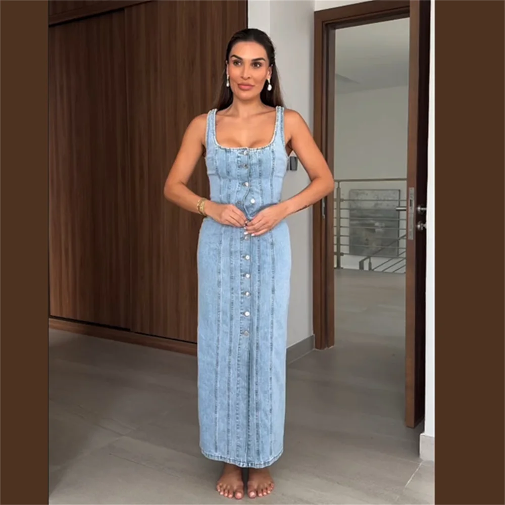 Belted Denim Midi Dress For Women With Cinched Waist