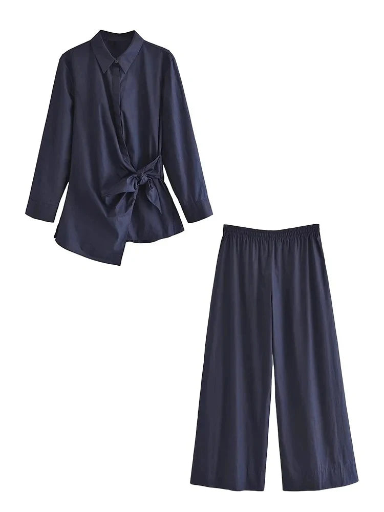 Silk Texture Two Piece Suit For Women With Knotted Lapel Long Sleeve Shirt And Wide Leg Pants