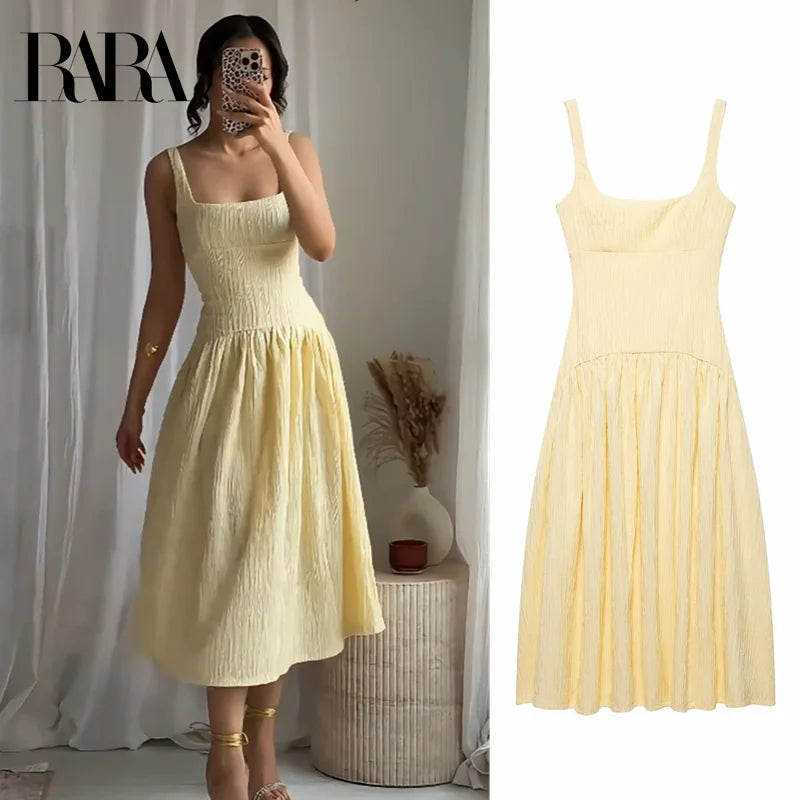 Textured Midi Dress For Women Square Neck Elegant Charm