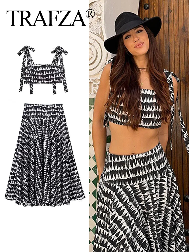 Women’s Fashion Print Set Sexy Backless Sleeveless Slim Lace-Up Corset Crop Top with Elegant A-Line Pleated Midi Skirt